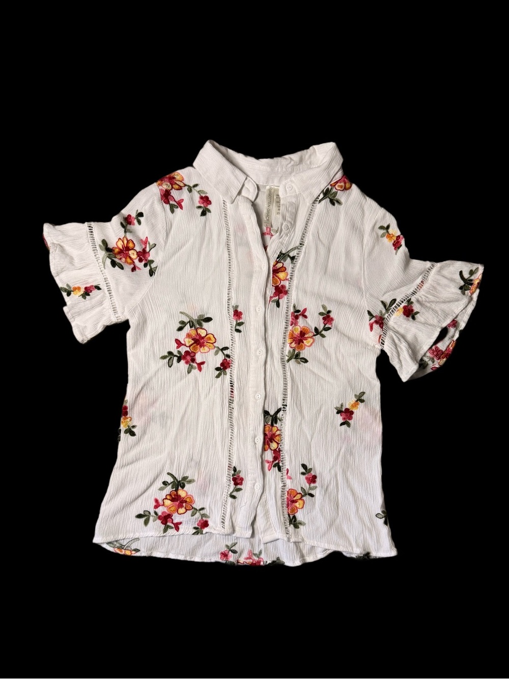 White embroidered Floral Short-Sleeve Button Front Top